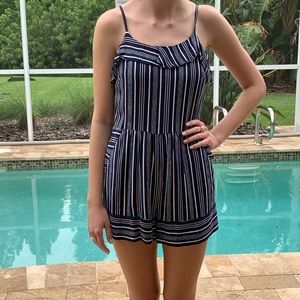 Navy blue romper with white stripes
